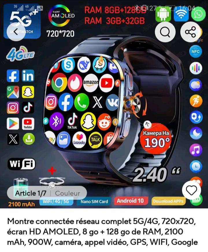 🌟Montre intelligente Elegante ,Style & PRO. 8GB RAM. 128GB ROM. chat GPT Carte SIM. WIFI. Camera HD. Mesure TENSION ANDROID 10.🌟